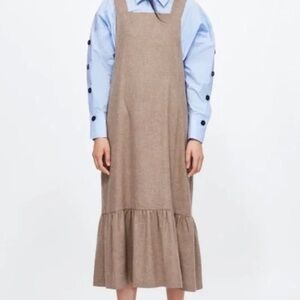 Zara Pinafore Dress Maxi Peasant Cottagecore Taupe Sz XS Relaxed Fit Midi
